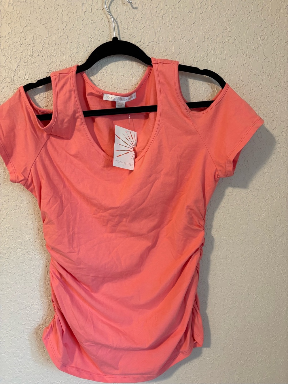 Boston Proper Coral Cold-Shoulder Ruched Tee